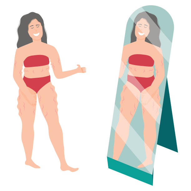 快乐胖妞照镜子，身体挺直挺直，孤立在白色背景下。加大号的泳衣或内衣。向量插图超重和自我接纳图片下载