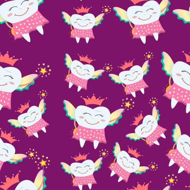 牙仙无缝花纹。穿着圆点裙子，头戴皇冠，手里拿着星星魔术棒和硬币。牙仙飞了起来，藏了一枚硬币。牙仙收集孩子们的牙齿图片下载
