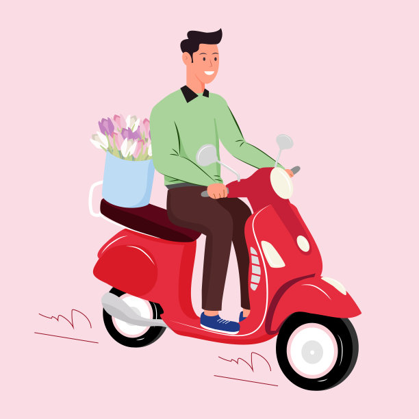 微笑的快递员骑着一辆摩托车，手里拿着一束玫瑰花。国际妇女日。花交付的概念。孤立的平面矢量插图在粉红色的背景。可编辑的EPS 10。图片下载