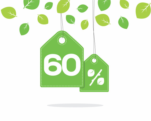矢量绿色悬挂价格标签与60%的文字设计与树叶和树枝百分比图标，并与阴影在白色背景与树叶。春季促销活动。图片下载