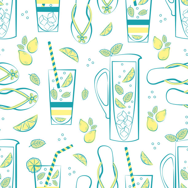 薄荷柠檬水壶，玻璃，翻转翻转矢量无缝模式背景。蓝色，黄色，绿色，白色的背景与水壶，饮料杯，柑橘类水果，薄荷叶，凉鞋。在海滩派对上重复图片下载