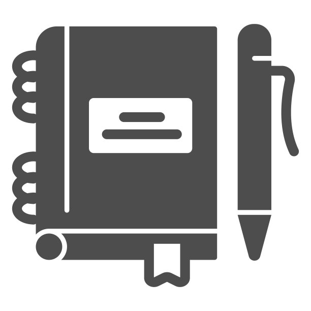 笔记本与笔固体图标，启动概念，笔记本与钢笔标志在白色背景，书写板图标在字形风格的移动概念和网页设计。矢量图形。图片下载