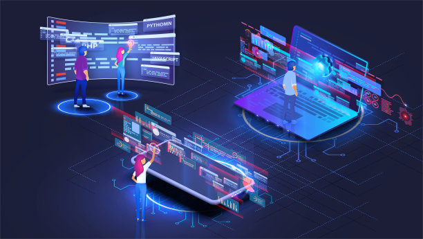 Web开发，编码和编程响应性。一组程序员在电脑上开发网页。使用php, python, javascript和其他语言编写脚本的概念。图片下载