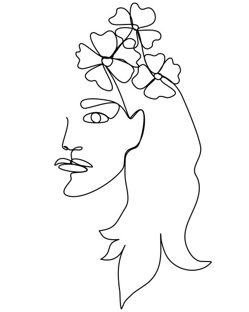 用连续的线条画出美丽女人的脸和花和叶子。抽象脸女人一线艺术可编辑孤立。时尚简约的风格。矢量插图。图片下载