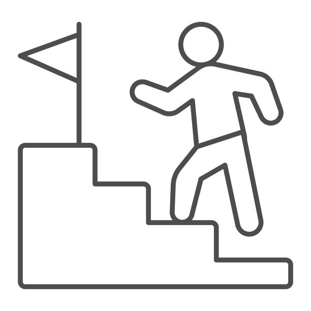 职业阶梯与旗帜和人细线图标，创业概念，业务增长标志在白色背景，商人爬上楼图标的轮廓风格移动和网络。矢量图形。图片下载