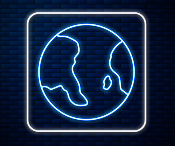 发光的霓虹灯线地球图标孤立在砖墙的背景。世界或土相星座。全球互联网的象征。几何形状。向量图片下载