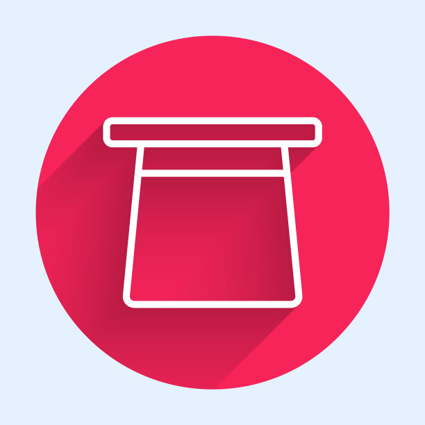 白色线魔术帽图标孤立与长影子。魔术。神秘的娱乐概念。红色圆圈按钮。向量图片下载