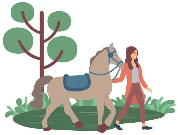 女人与马散步，牧场或农场矢量图片下载