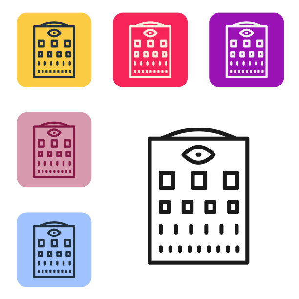 黑线视力测试图表图标孤立在白色背景上。眼科研究中视力测试海报。斯内伦视力表。设置图标的颜色方形按钮。向量图片下载