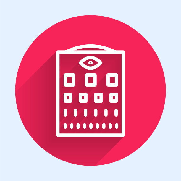 白线视力测试表图标孤立，有长阴影。眼科研究中视力测试海报。斯内伦视力表。红色圆圈按钮。向量图片下载