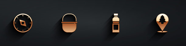 Set Compass, Camping pot, Bottle of water and Location the forest icon with long shadow。向量图片下载