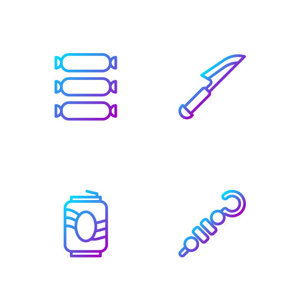 烤羊肉串，汽水罐，香肠和刀。渐变颜色图标。向量图片下载