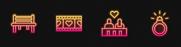 情侣相爱，浪漫的长椅，播放视频与心和钻石订婚戒指。发光的霓虹灯图标。向量图片下载