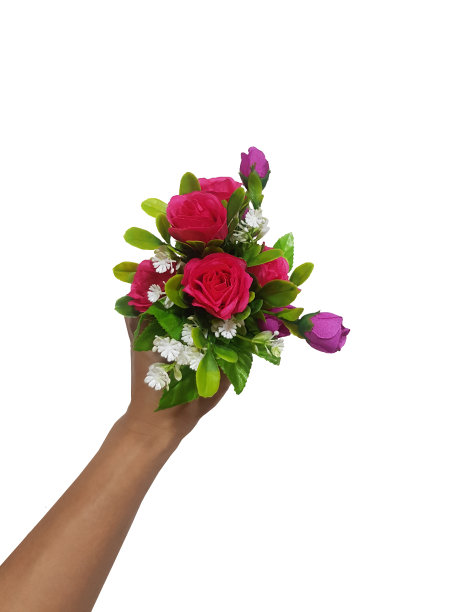 手拿一束塑料玫瑰，在白色的背景图片下载