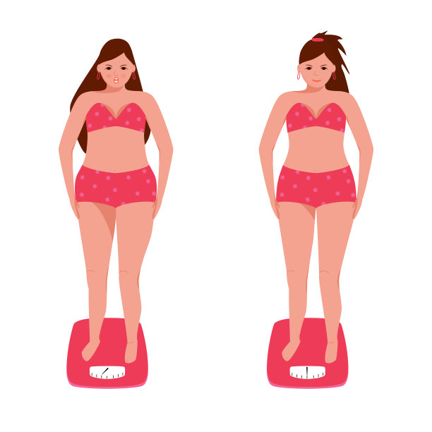 一个穿着内衣的女孩站在地上的秤上。两个女性角色——对自己的体重满意和不满意。减肥的概念，营养。女性的问题。平面向量插图图片下载