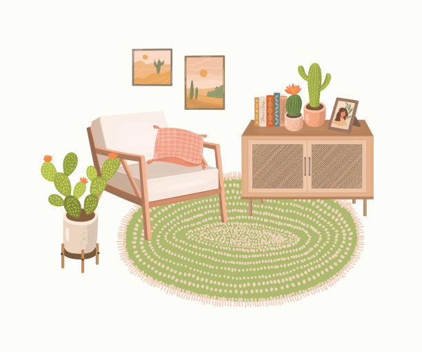 现代家居内饰有扶手椅，书柜，地毯，室内植物。图片下载