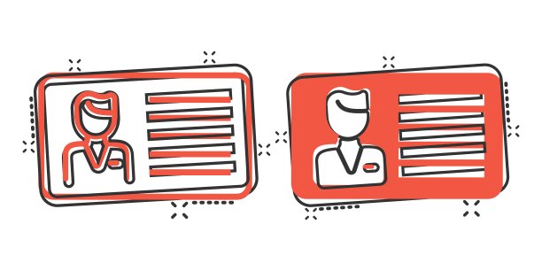 卡通风格的身份证图标。身份标签卡通矢量插图在白色孤立的背景。驾驶执照飞溅效应的经营理念。图片下载