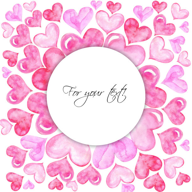 水彩插图。框架模板的文本为假日。圆形框架，粉红色和红色的心。图片下载