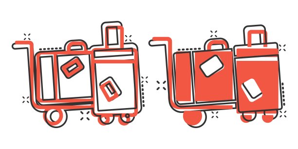 漫画风格的旅行袋图标。行李卡通矢量插图在白色孤立的背景。行李飞溅效应经营理念。图片下载