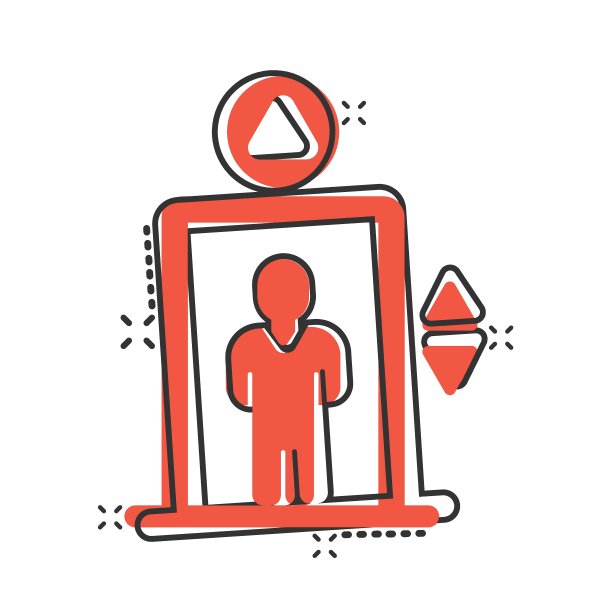 漫画风格的电梯图标。在白色孤立的背景上提升卡通矢量插图。客运飞溅效应经营理念。图片下载