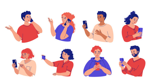 一群年轻快乐的男男女女用智能手机聊天自拍打电话人们在电话上交谈和打字。女性和男性角色。矢量平面卡通插图。图片下载