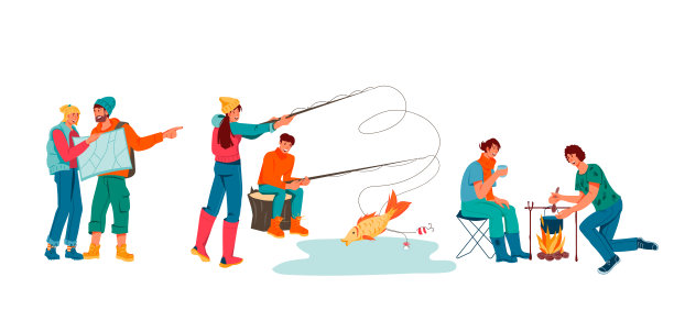 一对夫妇在徒步旅行和野营冒险，平面矢量插图孤立。图片下载