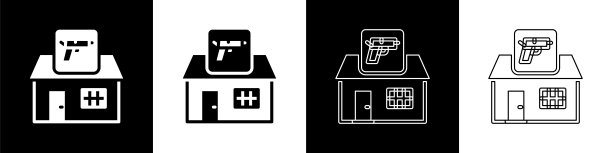 设置狩猎商店与步枪和枪支武器图标隔离在黑白背景。有武器装备的超市或商店。向量图片下载