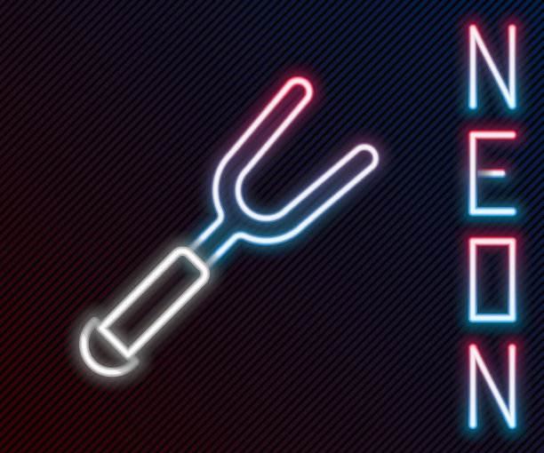 霓虹灯线烧烤叉图标孤立在黑色背景。烧烤叉的迹象。烧烤和烧烤工具。色彩斑斓的轮廓的概念。向量图片下载