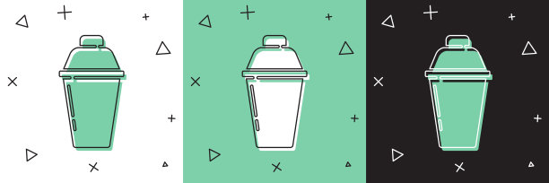 设置鸡尾酒调酒器图标孤立在白色和绿色，黑色背景。向量图片下载