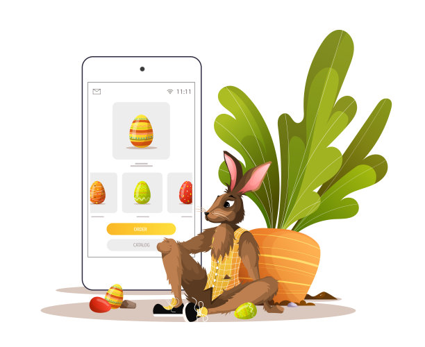 屏幕上有复活节兔子和电话彩蛋。复活节交付的概念。图片下载