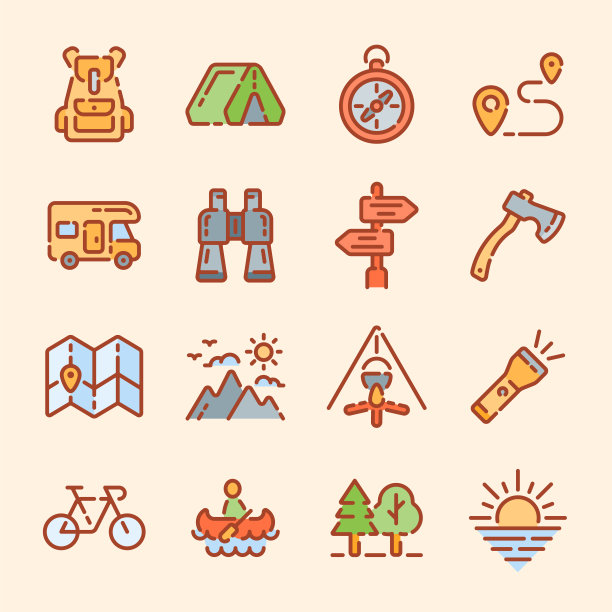 一套露营旅行或旅游颜色轮廓图标。图片下载