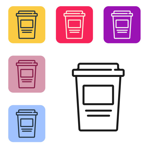 黑线咖啡杯去图标孤立在白色背景。设置图标的颜色方形按钮。向量图片下载