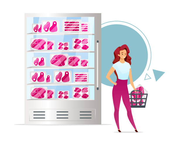 肉店展示平面彩色矢量插图。屠夫的商店。一篮子生牛排的女人。超市肉类部门。食品行业。孤立的卡通人物在白色背景图片下载