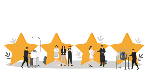 酒店员工平面彩色矢量插图。搬运工、看门人、管理员。度假村的经理。管家,女保洁员。服务人员用优质明星孤立卡通人物上白图片下载