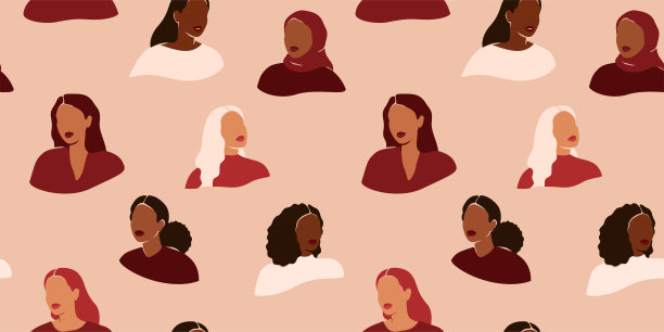 无缝图案与女性的脸在剪纸风格。有不同文化和种族的女性的重复背景。图片下载