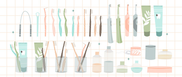 口腔护理。牙齿清洁工具:竹牙刷、电动牙刷、牙膏、牙粉、牙线、漱口水、刮舌器。牙齿卫生，牙齿保健。矢量平面卡通插图图片下载