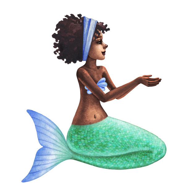 水彩画坐非洲美人鱼孤立的白色背景图片下载