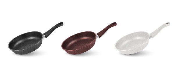 矢量3d现实的黑色，棕色，白色空煎锅图标设置孤立的白色背景。设计模板,模型图片下载