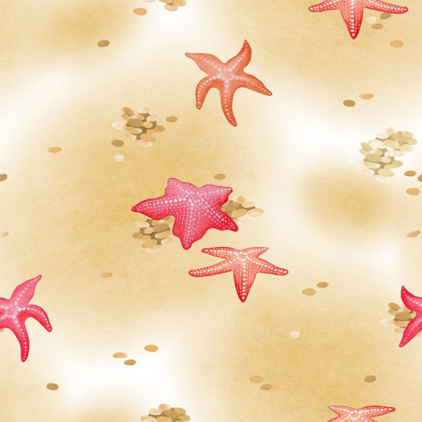 水彩无缝模式与海星在沙质海底图片下载