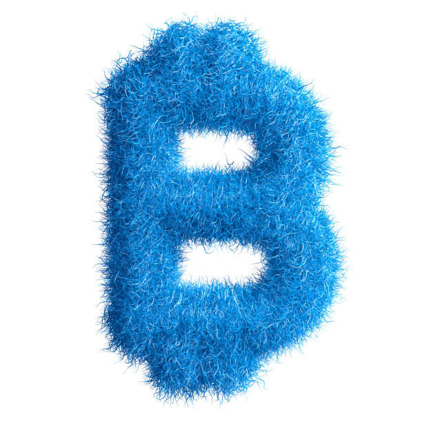 比特币由毛皮制成的货币，毛皮字体，3d字母。3 d演示。图片下载