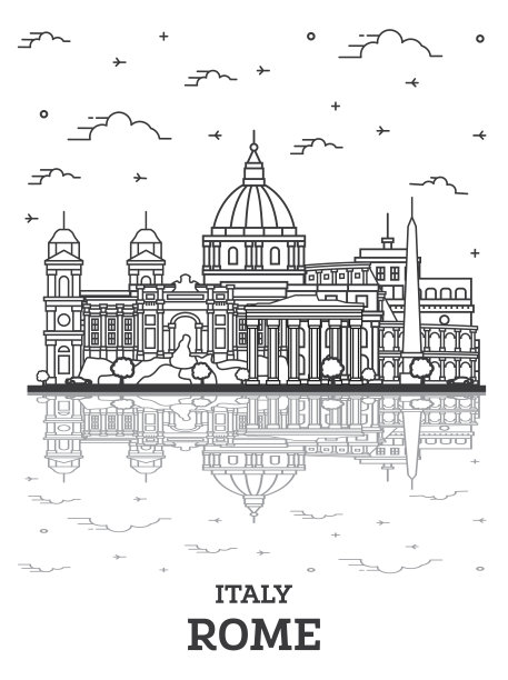 轮廓罗马意大利城市天际线与历史建筑和反射孤立在白色。图片下载