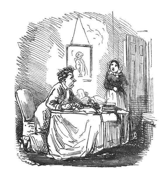 英国讽刺漫画漫画插图-家庭工作人员的女人在门口与一个男人坐在桌子上与写作笔交谈图片下载
