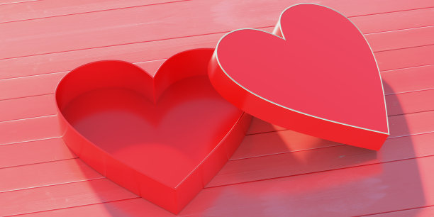 情人节，爱的概念。打开红色背景上的心形空红色礼品盒。三维演示图片下载