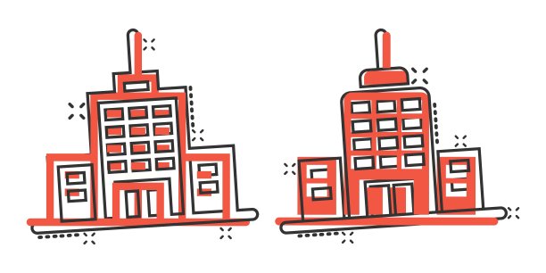 以漫画风格构建图标。城市摩天大楼公寓卡通矢量插图在白色孤立的背景。城塔飞溅效应经营理念。图片下载