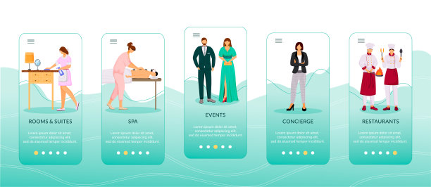 酒店服务上线手机应用屏幕矢量模板。Walkthrough旅游网站步骤与平坦的字符。Spa、事件、餐厅。UX, UI, GUI智能手机卡通界面概念图片下载
