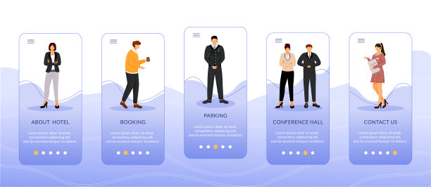 酒店住宿登陆手机应用屏幕矢量模板。用平面字符演练网站步骤。会议室、停车场、订房。UX, UI, GUI智能手机卡通界面概念图片下载