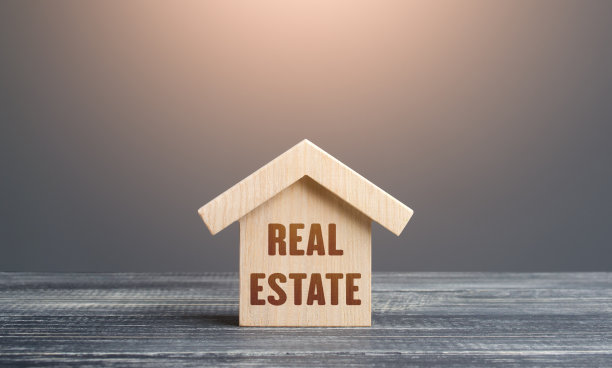 木制的小雕像的房子与字房地产。购买和出售。住房,房地产经纪人服务。建筑业，建筑维修。抵押贷款。资产和税款。印花税图片下载