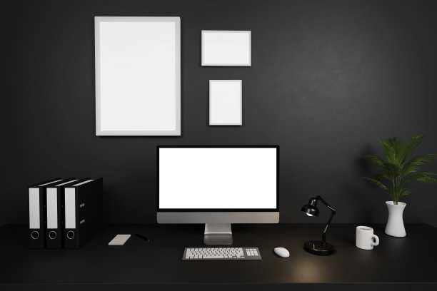 现代干净的办公室工作空间，电脑屏幕和空孤立的框架在黑暗的混凝土墙;三维演示图片下载