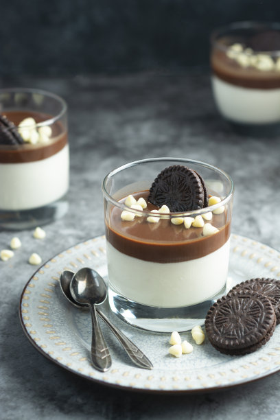 香草和巧克力意式奶冻配饼干和白巧克力。美味的甜点。图片下载