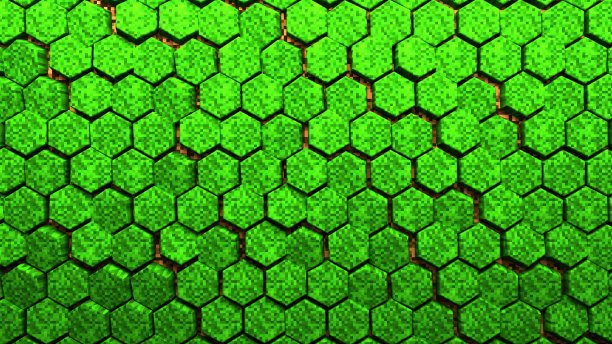 3 d抽象的六边形。视频游戏几何马赛克波浪图案。用棕色和绿色的草块建造山丘景观图片下载